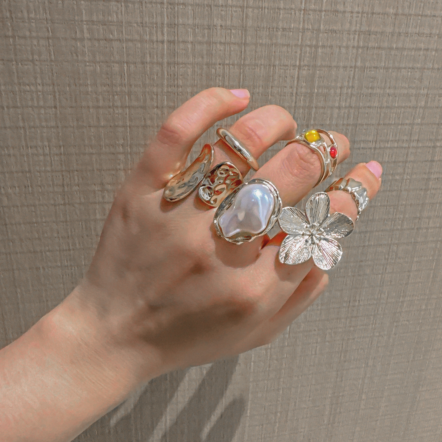 6pcs French Baroque Flower Statement Rings Set with Pearl Accent
